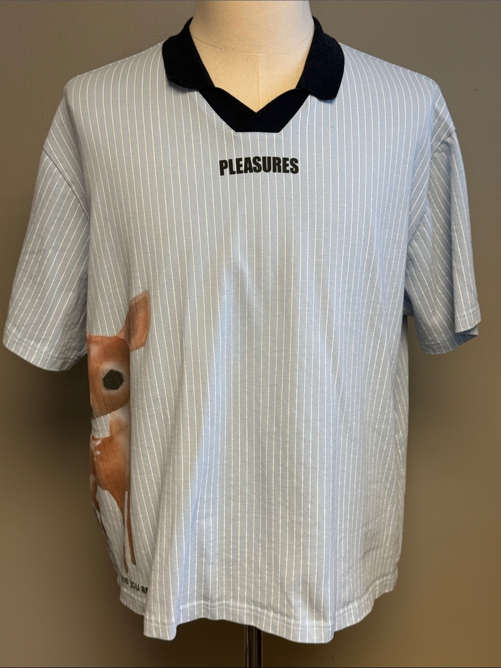 PLEASURES Deer Graphic Pinstripe Polo Shirt Blue Black Cotton Men's XL